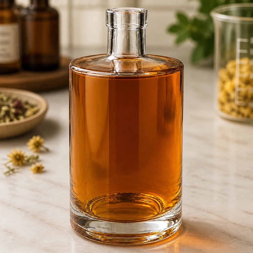 Bottiglia in vetro da 700 ml Marie riempita di liquido ambrato in un ambiente elegante con erbe e vasetti da farmacia