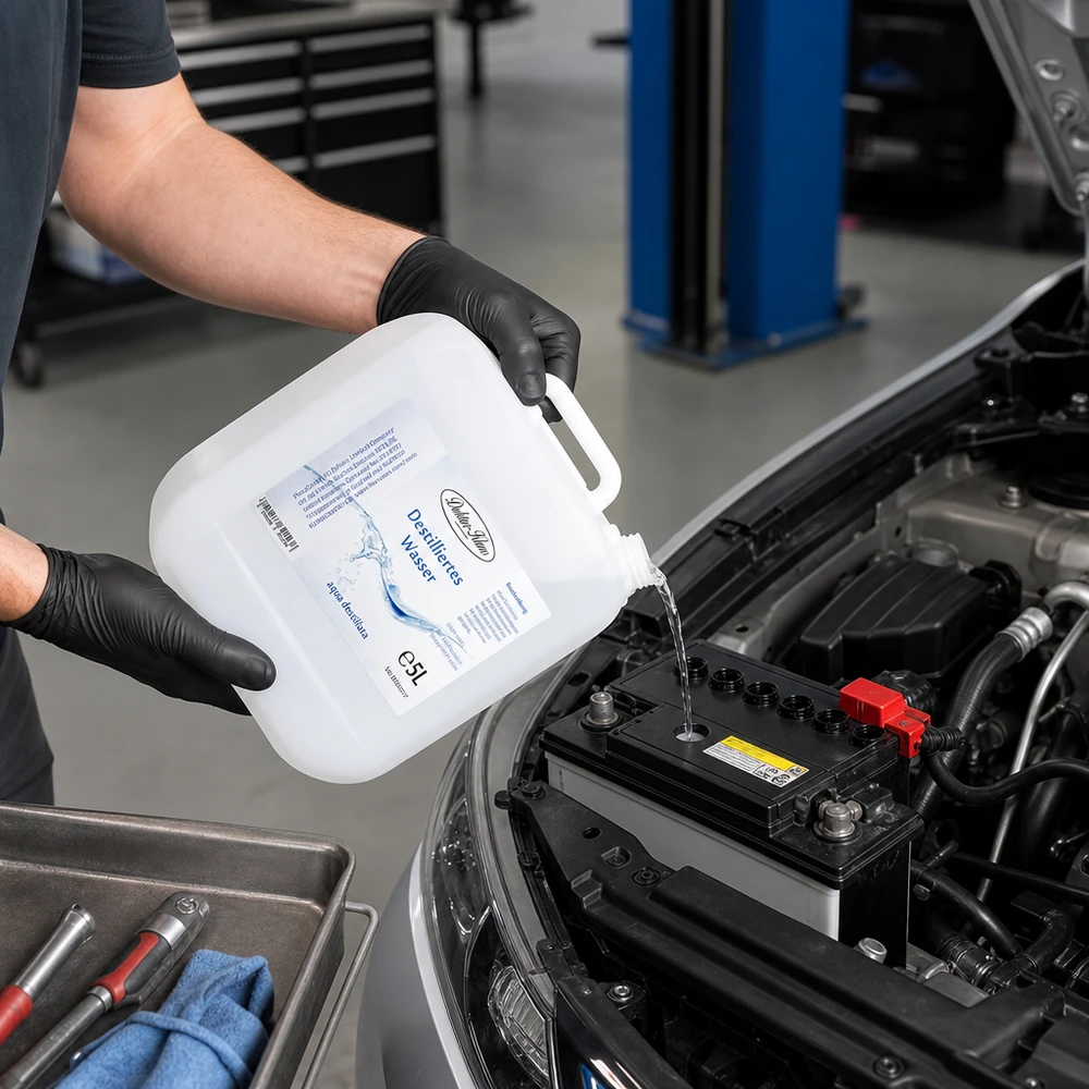Acqua distillata Doktor-Klaus 5 litri per la manutenzione professionale della batteria dell'auto nel settore automobilistico