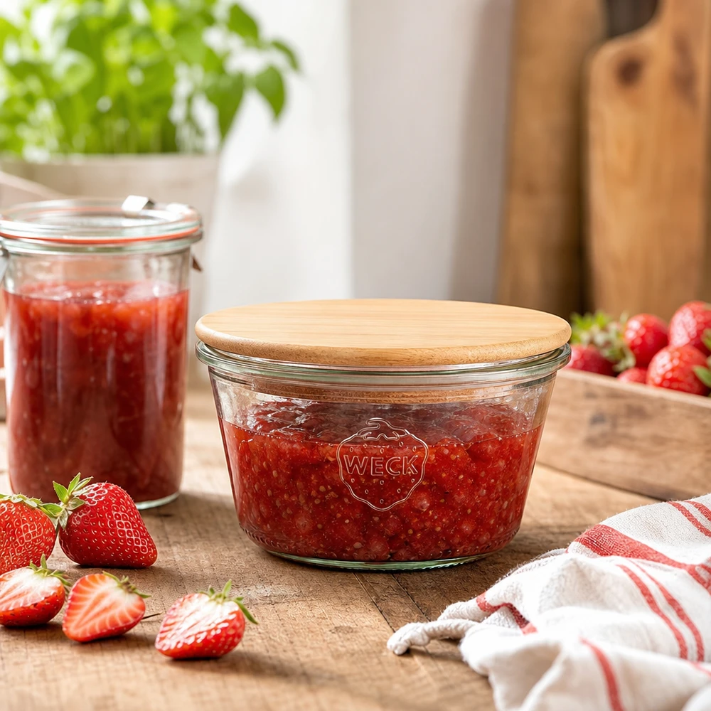 WECK Einmachglas 290ml RR100 mit Erdbeermarmelade gefüllt, Bambus-Holzdeckel, Küchenszenerie mit frischen Erdbeeren