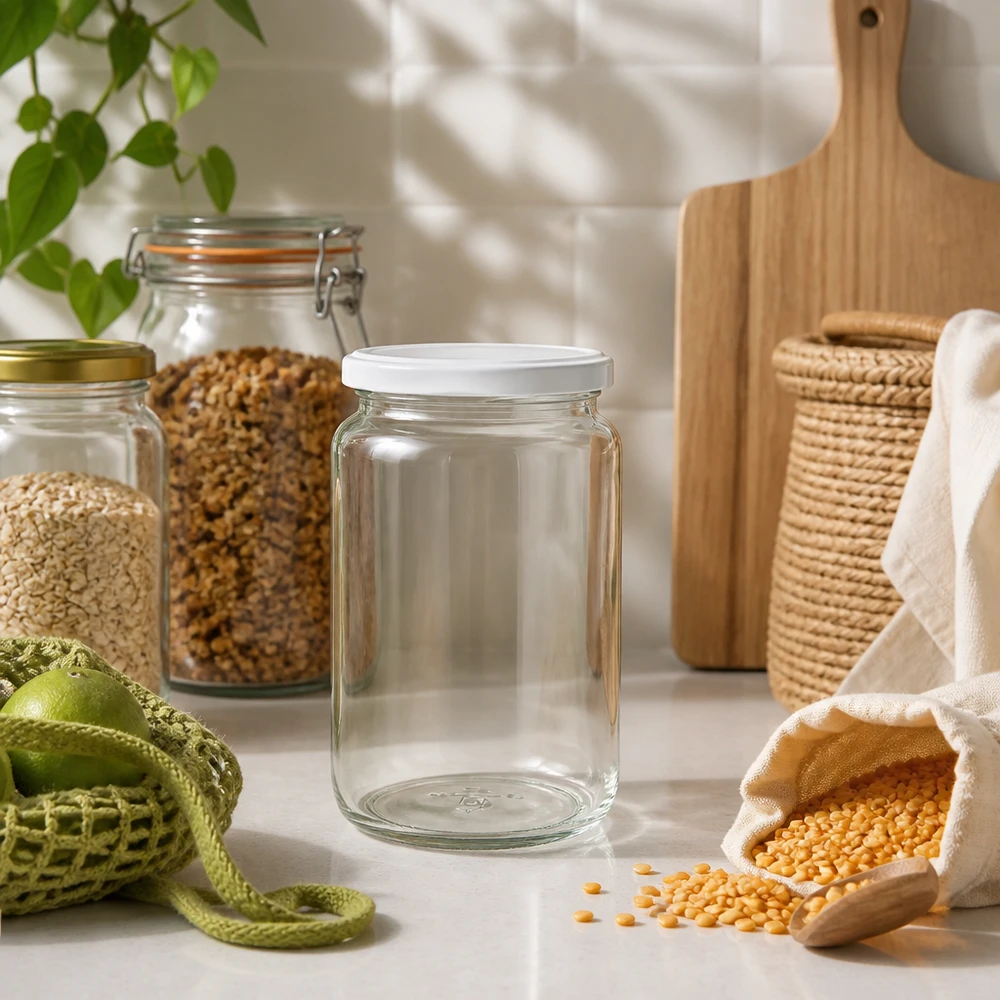 Barattolo rotondo da 795 ml UNiTWIST in cucina sostenibile a spreco zero con legumi e soluzioni di conservazione ecologiche