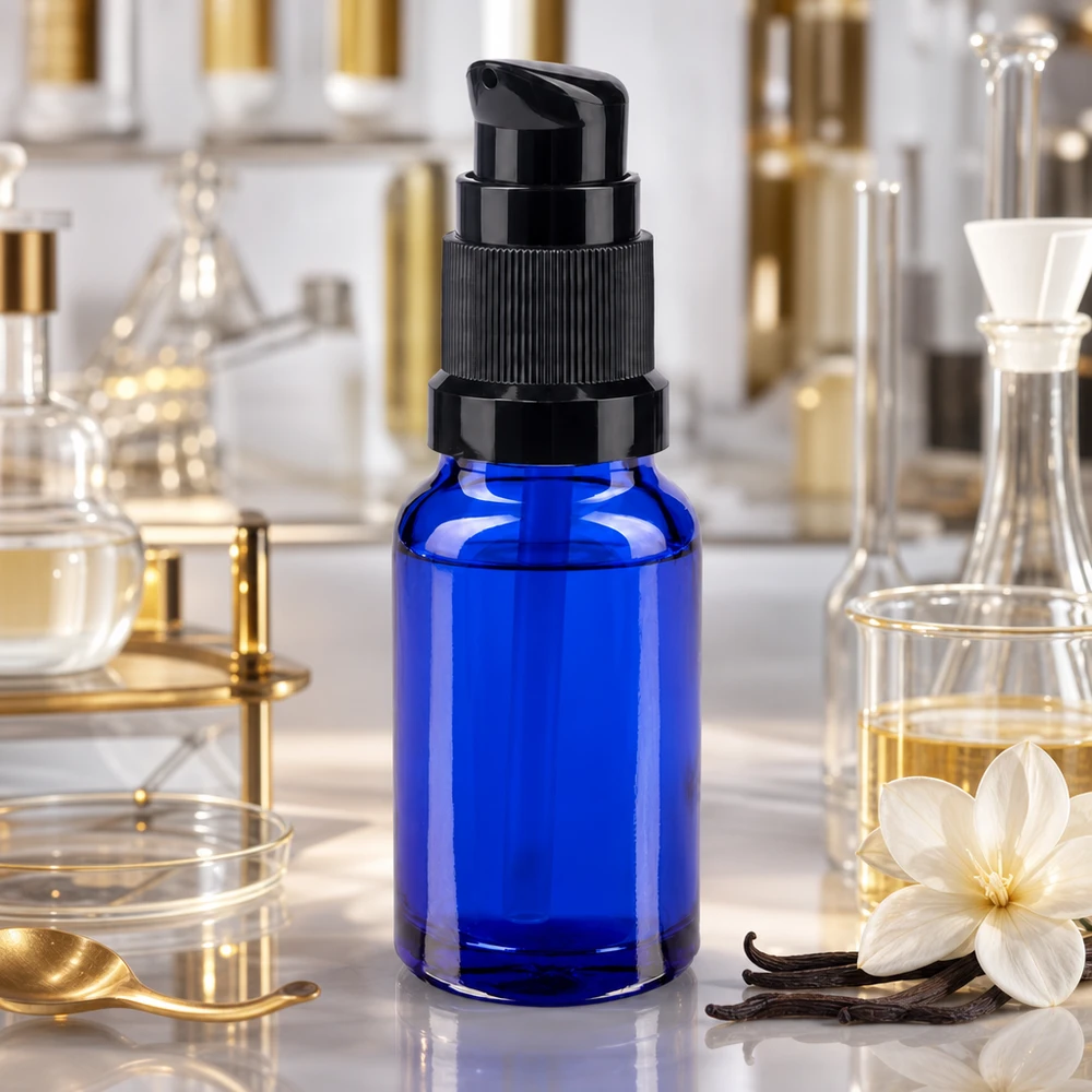 Apothekenflasche blau 10ml PumpVerschluss schwarz Standard Apothekerglas 10ml blau mit schwarzem Pumpaufsatz kompakte Dosierflsche für Öle