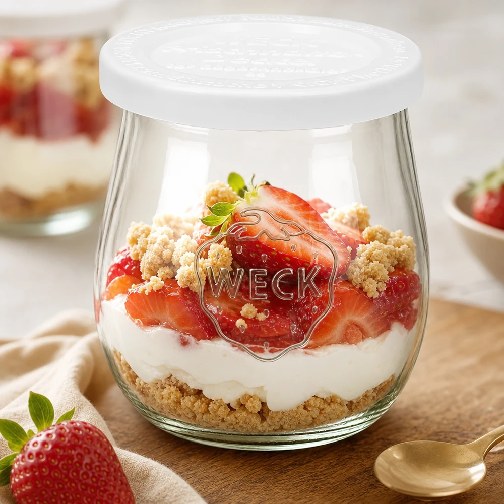 Vaso a tulipano da 220 ml con coperchio ermetico WECK RR60 WECK vaso a tulipano 220ml con coperchio fresco come vaso da dessert - dessert a strati di fragole e panna con crumble in vaso RR60