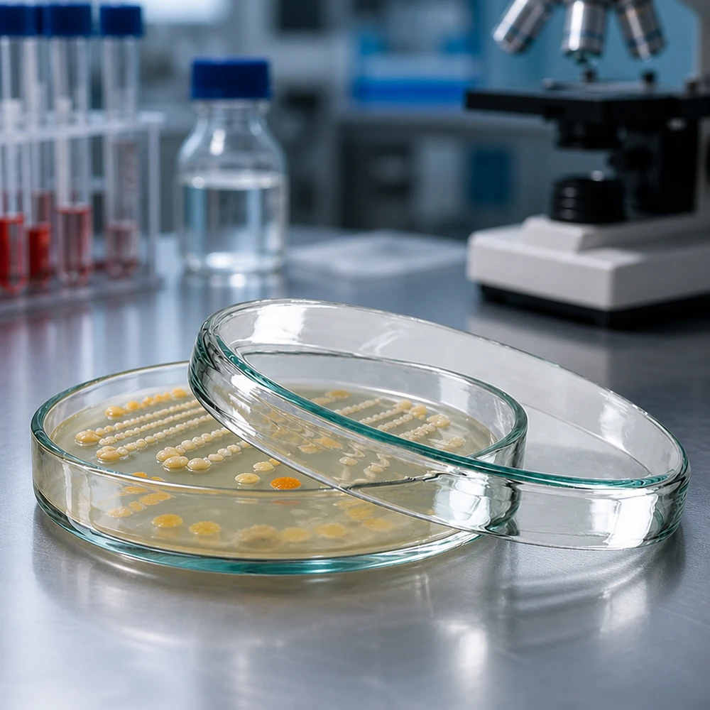 Mikrobiologische Untersuchung in Glaspetrischale 80x15mm auf Stahltisch im Forschungslabor