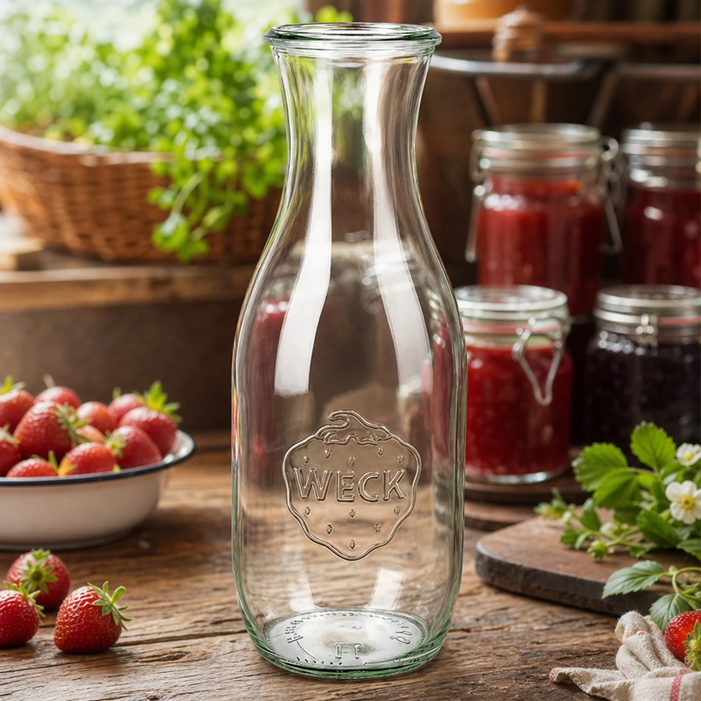Bottiglia di succo WECK 1062ml RR60 in una cucina rustica con fragole fresche e vasetti di marmellata come decorazione