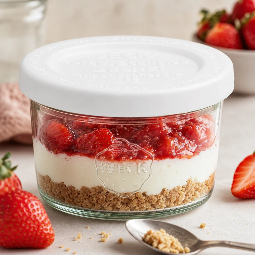 Bocal en verre de 80 ml avec couvercle hermétique WECK RR60 WECK 80ml Sturzglas RR60 mit Erdbeer-Dessert und Keksboden als Schichtdessert zwischen frischen Erdbeeren und Löffel