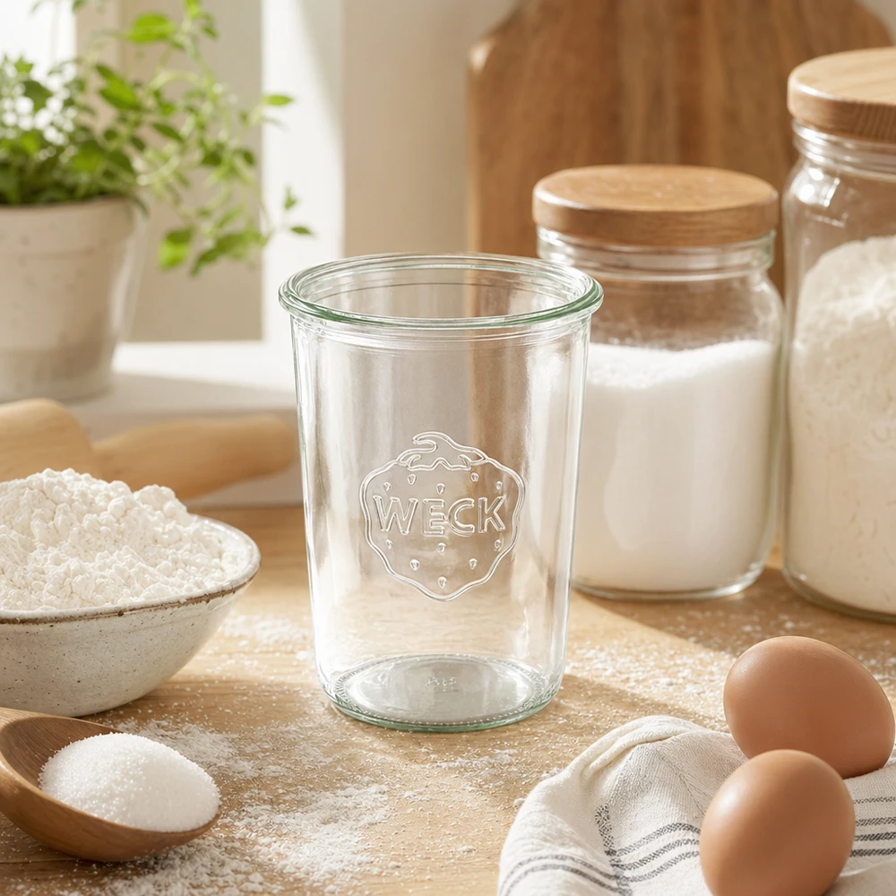 850ml WECK Sturzglas RR100 Einmachglas transparent mit Logo auf Holztisch neben Mehl Eiern und Vorratsgläsern