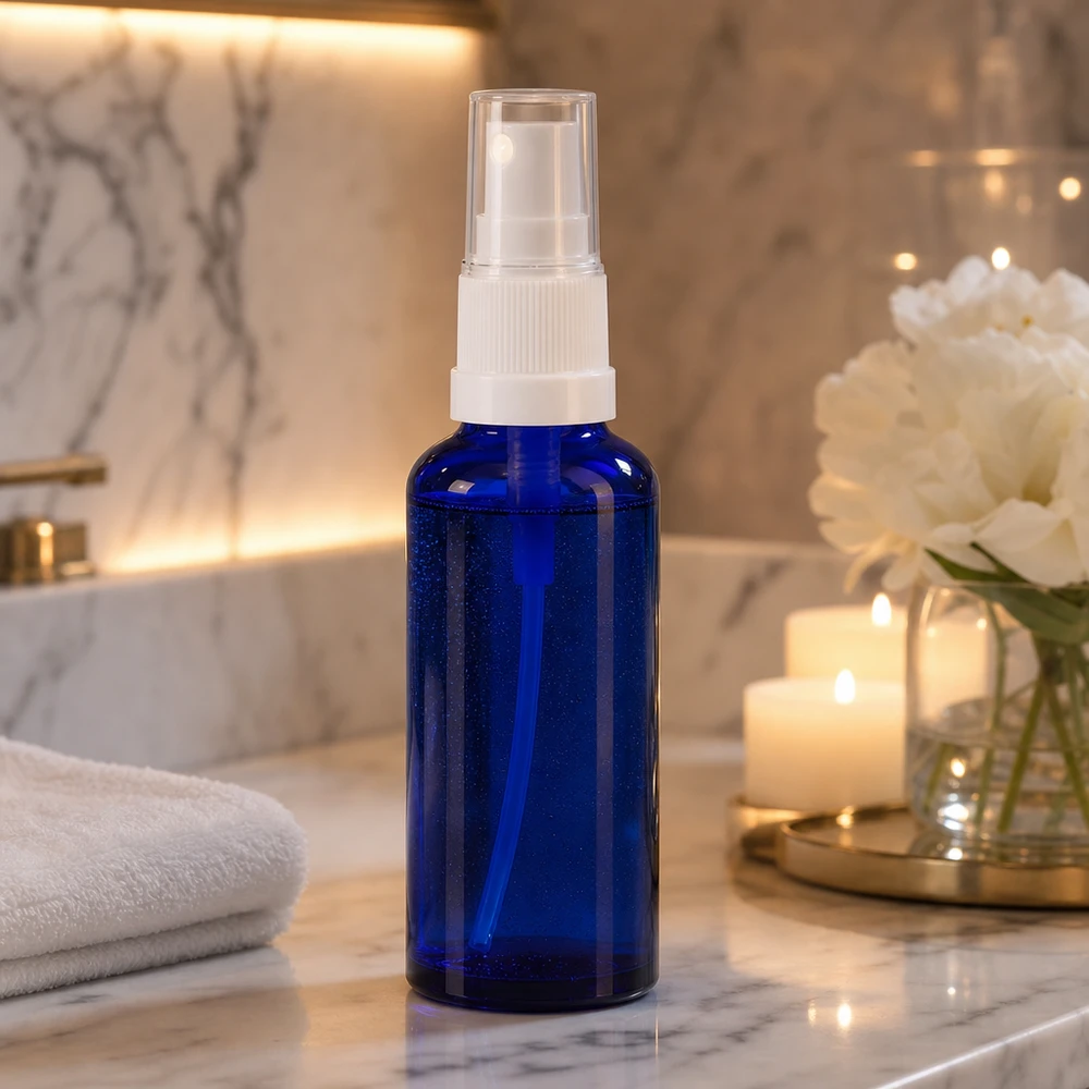 Apothekenflasche blau 30ml Sprayaufsatz weiß Blaue 30ml Glasflasche mit Pumpsprühkopf in luxuriösem Spa Ambiente mit Frotteetuch und Kerzenlicht
