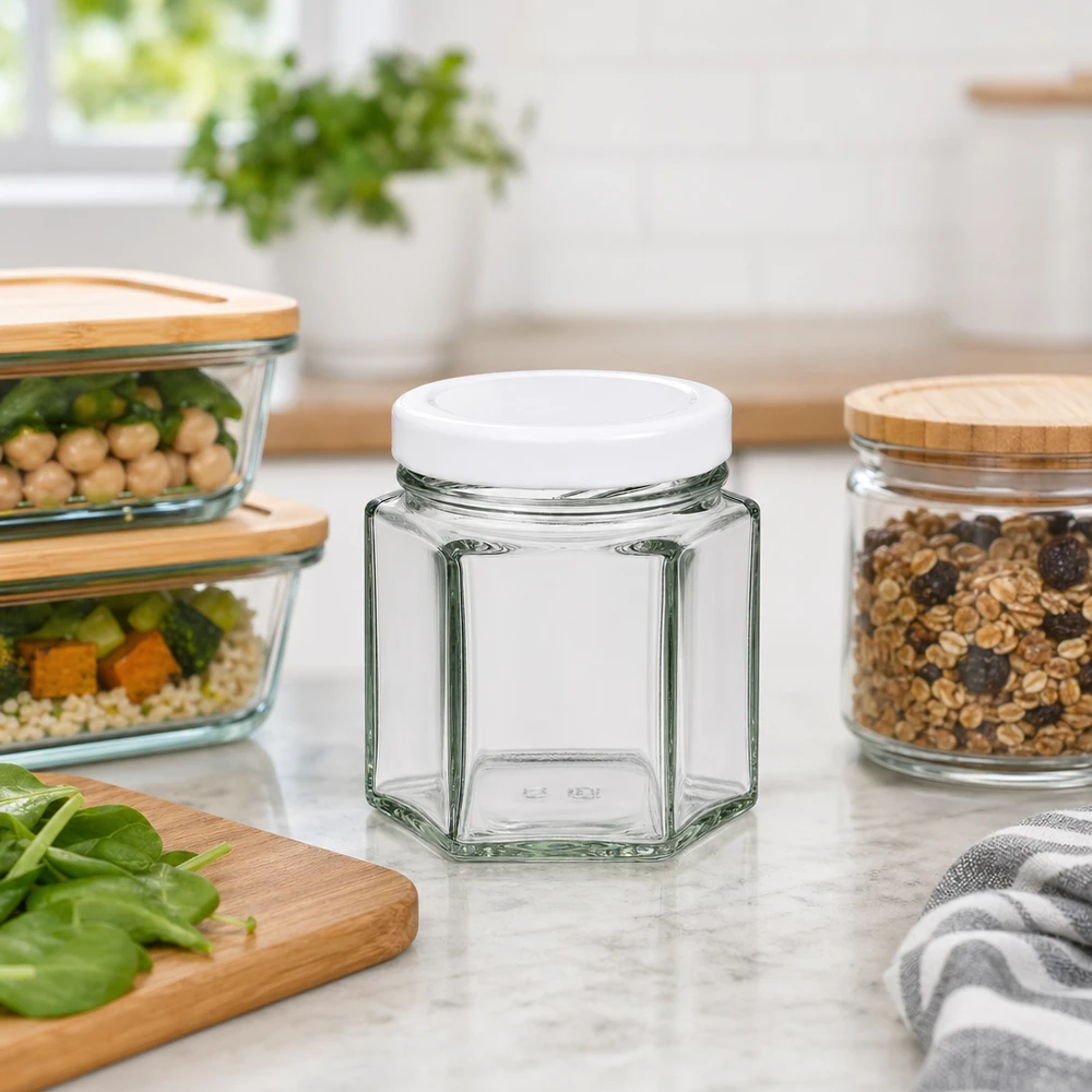 Barattolo hexa da 47 ml vuoto con coperchio BasicSeal bianco tra barattoli pieni in una cucina moderna
