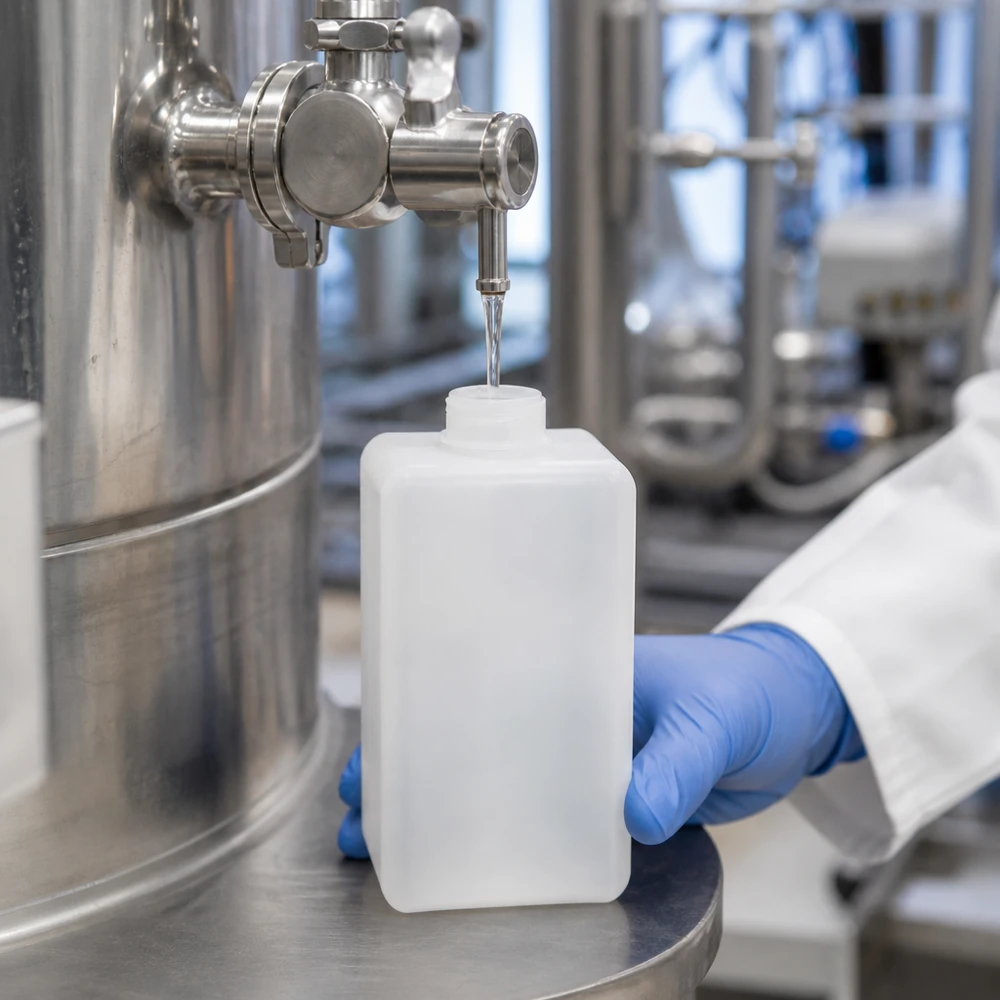 Remplissage d'un liquide dans une bouteille rectangulaire à col étroit de 1 500 ml en PE-HD, équipée d'une vanne de prélèvement en acier inoxydable