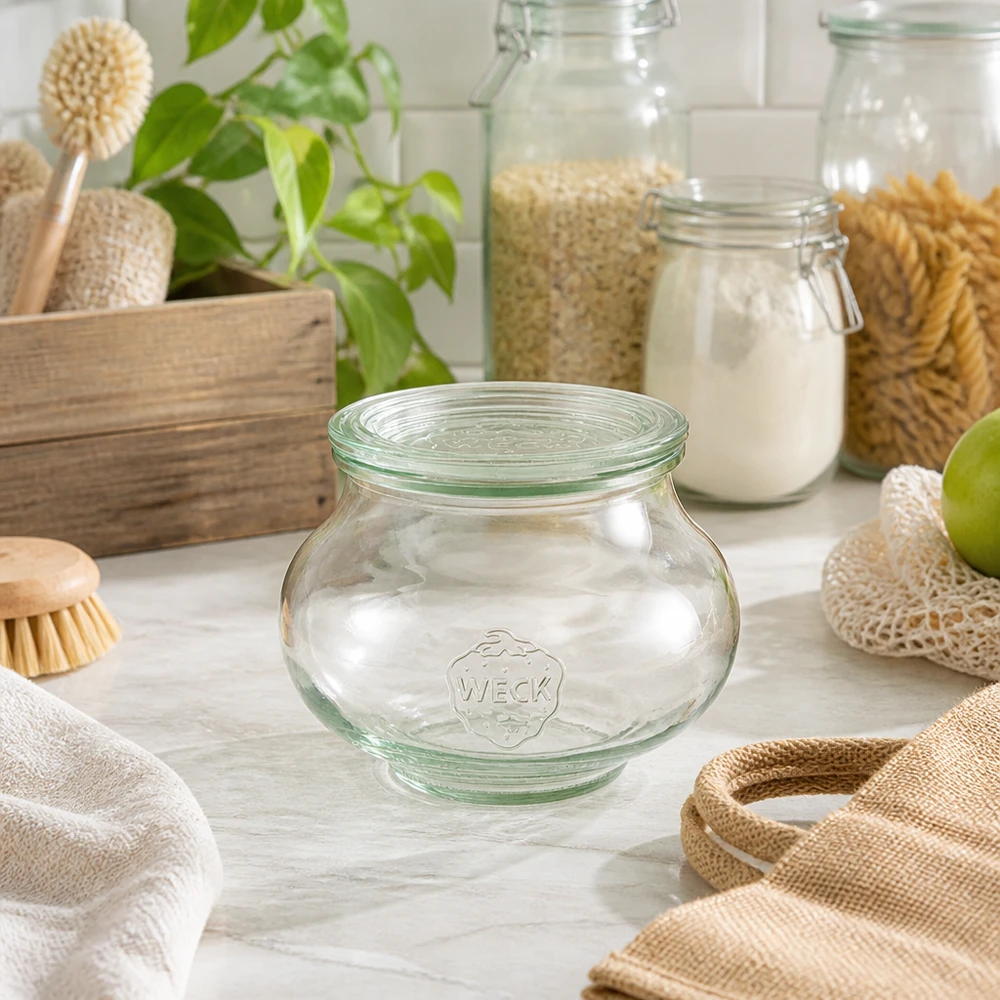 Barattolo decorativo da 560 ml con coperchio in vetro WECK RR80 Vaso per gioielli WECK 560ml RR80 in cucina sostenibile a rifiuti zero con materiali naturali spazzole in legno e sacchi di juta