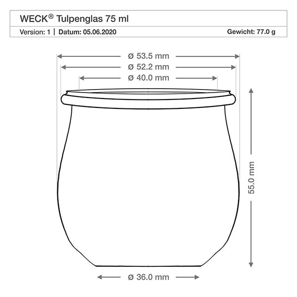 Barattolo a tulipano da 75 ml completo WECK RR40 Disegno tecnico del vaso WECK tulipano 75ml RR40 con dimensioni Diametro Altezza Peso Specifiche del prodotto