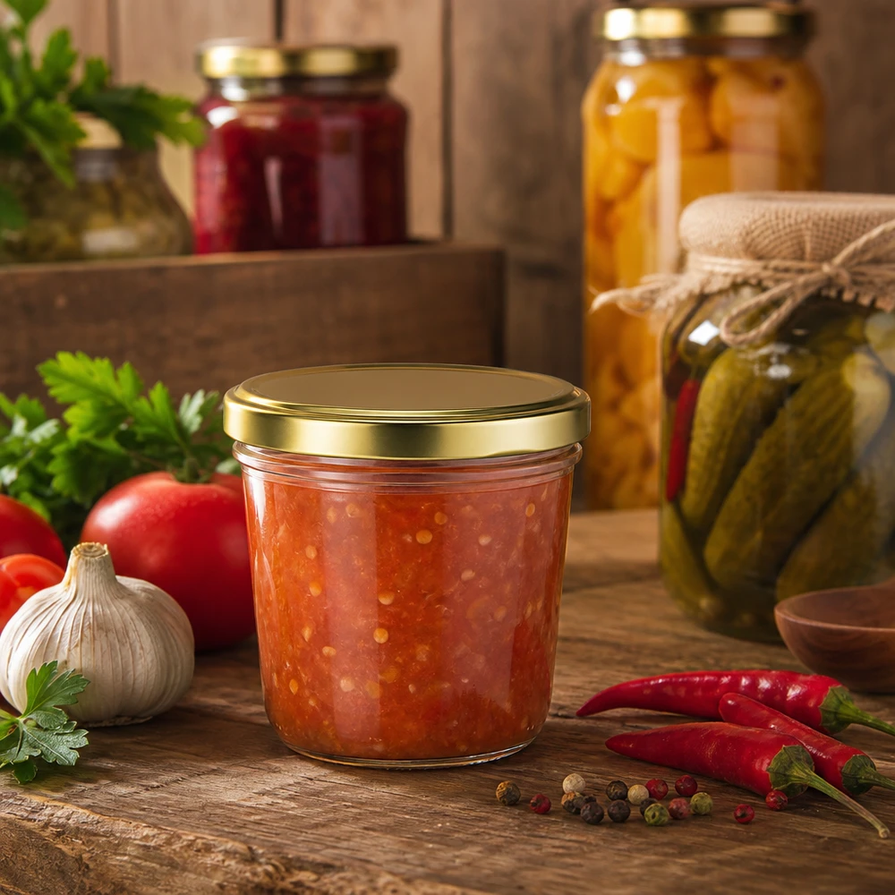 Barattolo di vetro da 230 ml con coperchio dorato, riempito con salsa di pomodoro circondata da ingredienti freschi e spezie.