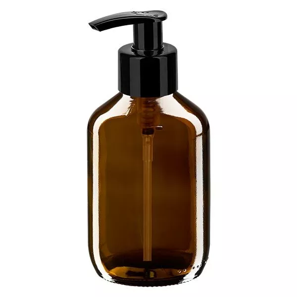Flacone per medicinali da 200 ml marrone, con pompa dispenser nera ApoGl
