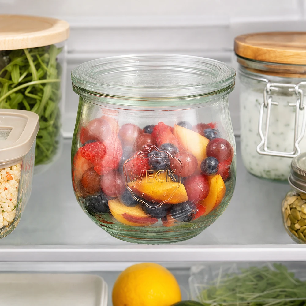 370ml Tulpenglas mit Glasdeckel WECK RR80 WECK Tulpenglas 370ml RR80 mit frischem Obstsalat im Kühlschrank zur praktischen Aufbewahrung von Lebensmitteln
