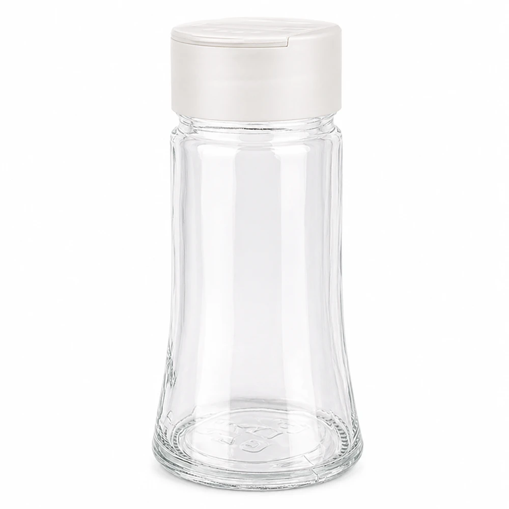 Pot à sel/épices 95 ml avec double saupoudreuse, blanc Kompaktes Gewürzglas aus Klarglas 95ml mit praktischem weißen Doppelstreuer-Verschluss