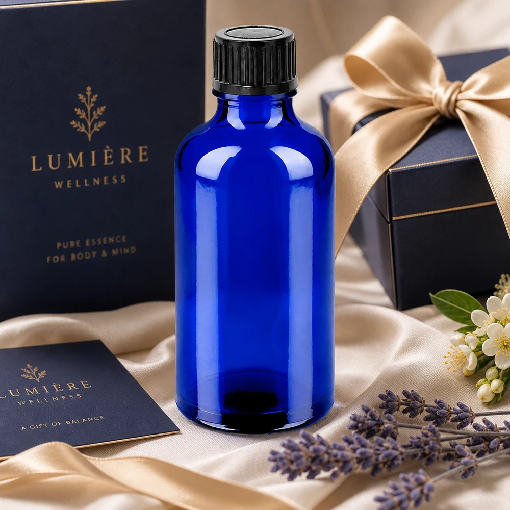 Flacone da 50 ml in vetro spesso e protetto dalla luce, con tappo a vite a tenuta.