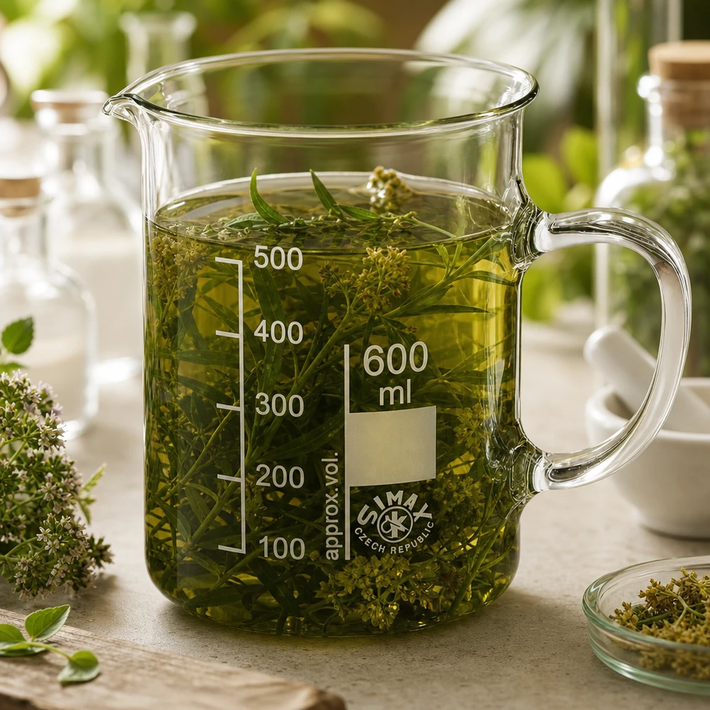 Bicchiere da 600 ml in vetro borosilicato, con manico Bicchiere da 600 ml con manico, riempito con infuso di erbe verdi ed erbe medicinali fresche