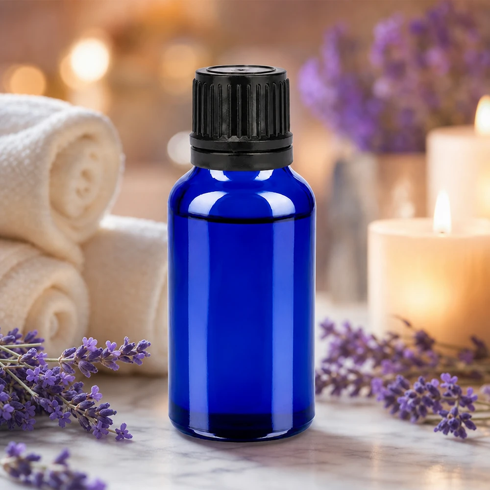 Flacone compatto in vetro blu da 20 ml con tappo nero, perfetto per cosmetici e miscele fai da te