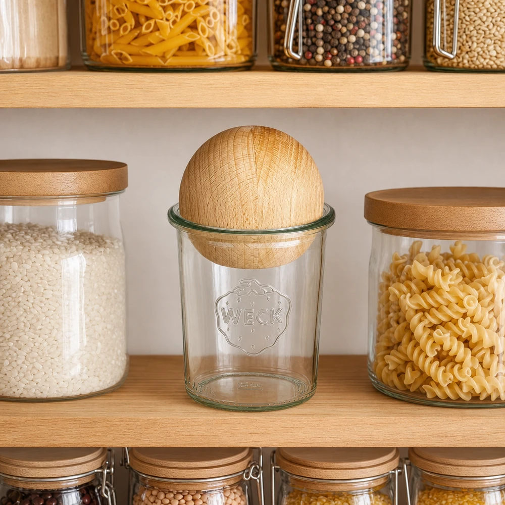 160ml Sturzglas WECK RR60 mit Holzkugel Buche WECK Sturzglas RR60 160ml mit Holzkugel in Küchenregal zwischen Vorratsgläsern mit Pasta und Getreide