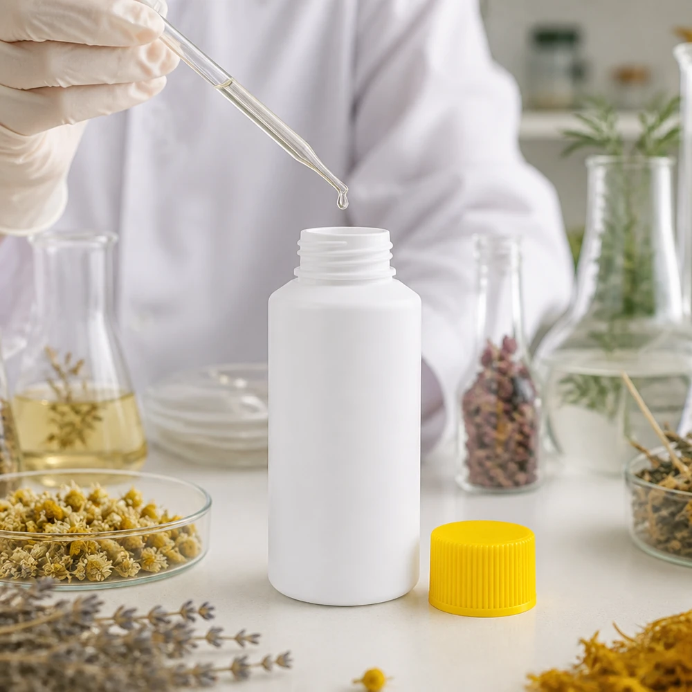 Mise en flacon de 30 ml blanc de pharmacie en HDPE avec bouchon jaune SV, effectuée par des techniciens de laboratoire