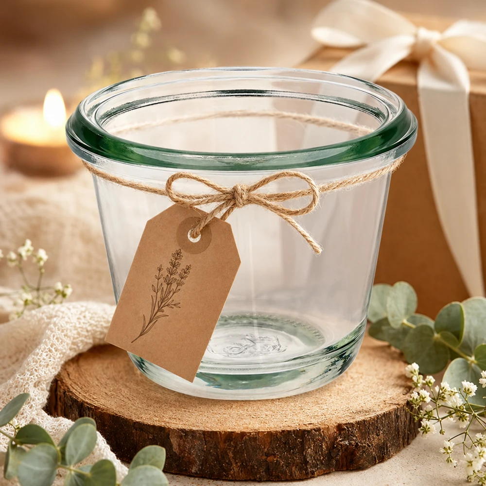 Barattolo da 80 ml per gourmet WECK RR60 Barattolo da 80 ml WECK gourmet RR60 decorato con etichetta in carta kraft su disco di legno in una decorazione regalo festosa