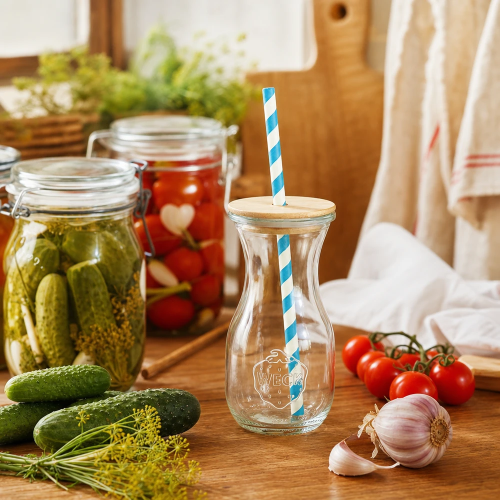 6 x WECK 290ml bottiglia di succo RR60 con coperchio in legno e 100 eco S WECK bottiglia di succo 290ml scenario cucina con cetrioli sottaceto pomodori verdure fresche coperchio in legno eco cannuccia