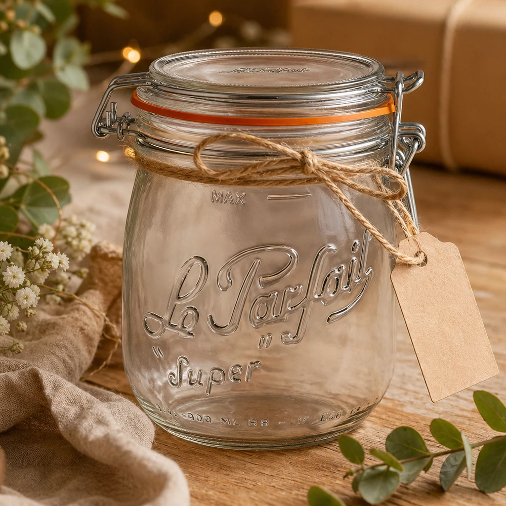 Vasetto Le Parfait® 750 ml Ø85 mm conserve Barattolo da 750 ml Le Parfait Super con tappo oscillante e targhetta regalo su tavolo in legno con decorazioni