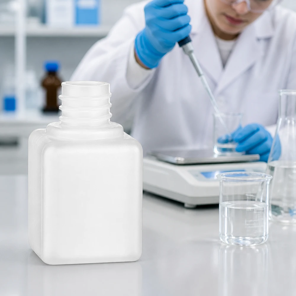Petit flacon blanc en PE-HD de 20 ml, à col étroit (GL18), adapté aux produits chimiques de laboratoire