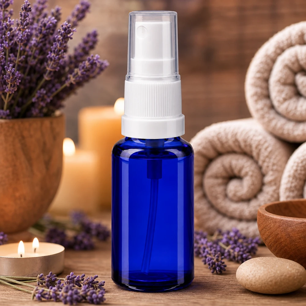 Blauer 20ml Minitflakon aus Apothekerglas mit weißem Sprühaufsatz für Reisegrößen