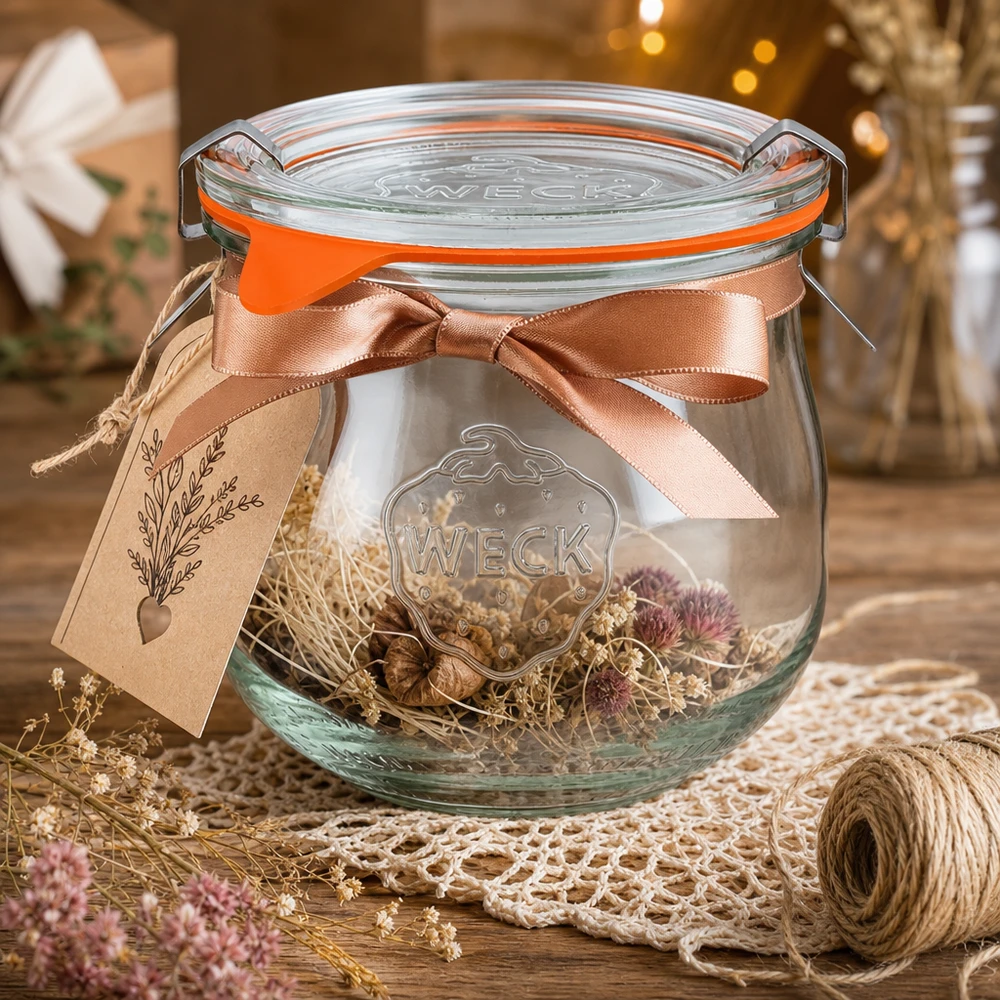 Vaso a tulipano da 370 ml completo WECK RR80 WECK vaso di tulipani 370ml RR80 decorato con fiori secchi nastro di raso e etichetta regalo come idea artigianale