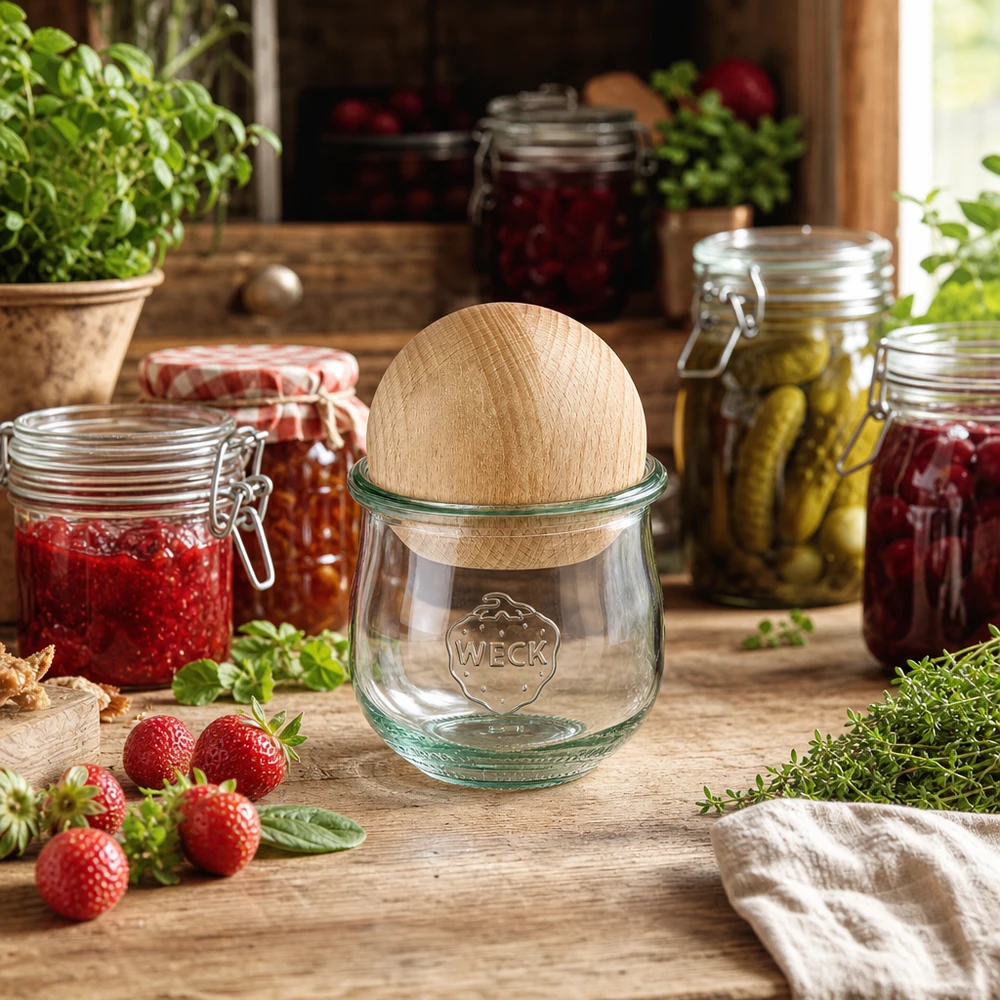 Vaso da conserva WECK RR80 con coperchio in legno in una cucina rustica tra barattoli di marmellata e fragole fresche
