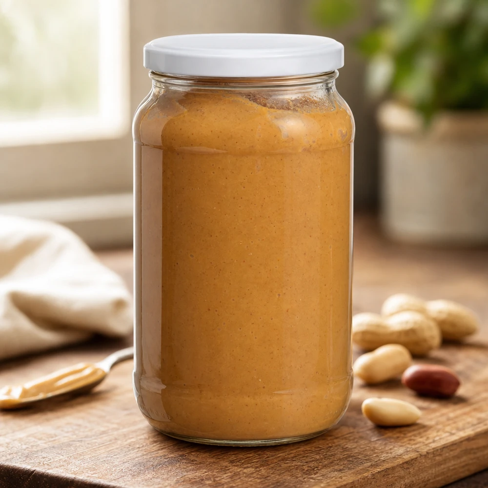 Barattolo rotondo da 1062 ml con coperchio BasicSeal riempito di burro di arachidi su tavoletta di legno con arachidi Barattolo per la conservazione della cucina