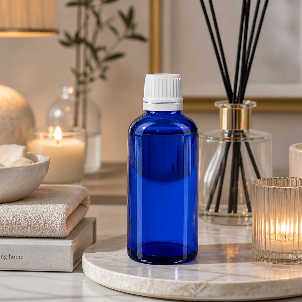 Flacon à pharmacie bleu 50ml bouchon vissable blanc bouchon inviolabilité Flacon de pharmacie bleu cobalt de 50 ml avec bouchon à vis blanc, dans une ambiance de bien-être digne d'un spa