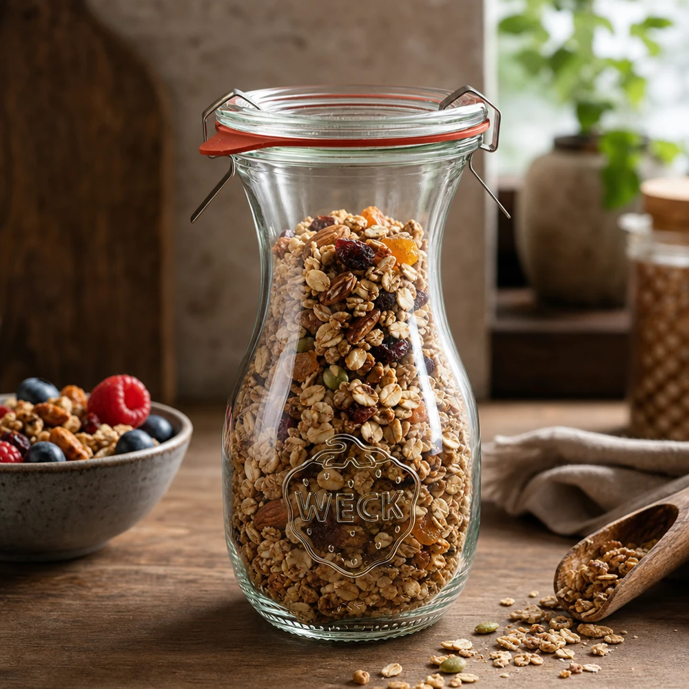 Bottiglia per succhi da 290 ml, set completo WECK RR60 Bottiglia di succo WECK 290ml RR60 riempita con muesli e frutta secca per la conservazione degli alimenti