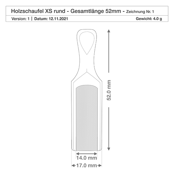 Pala di legno taglia XS a forma semicircolare lunga 5,2 cm Disegno tecnico della pala in legno XS con dimensioni di 52 mm di lunghezza totale e 17 mm di larghezza