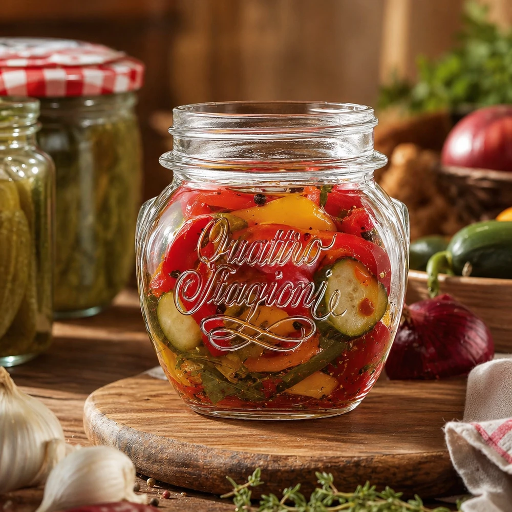 Bicchiere da 300ml "Quattro Stagioni" Barattolo Quattro Stagioni da 300 ml con verdure sott'aceto su tavola di legno in cucina rustica