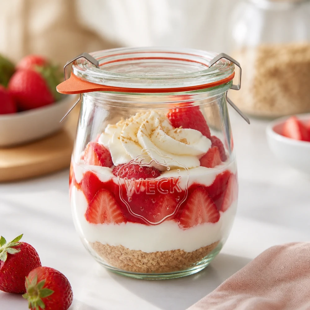 Vaso a tulipano da 220 ml completo WECK RR60 WECK vaso a tulipano 220ml RR60 con dessert alla fragola a strati con base di yogurt e biscotti usato come vaso da dessert