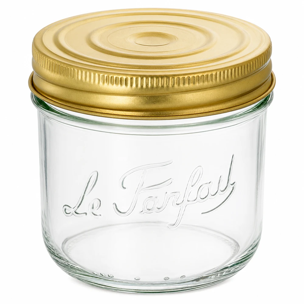 Le Parfait® Familia Wiss 350 g Ø100 mm vaso Vaso da 415 ml Familia Wiss con coperchio a vite dorato e stampa Le Parfait per conservare e inscatolare