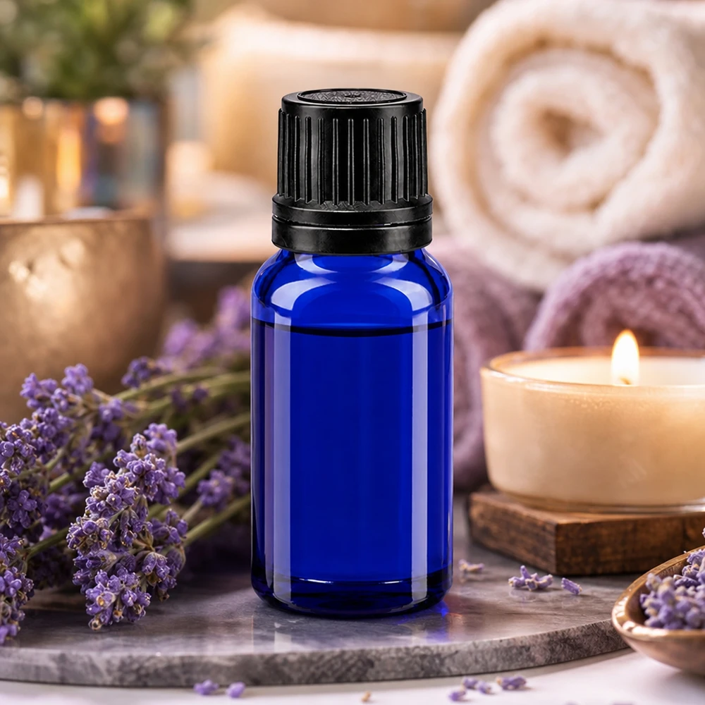 Blaue Aromaflasche 10ml Apothekerglas mit schwarzem OV-Deckel für Laboranwendungen und Öle