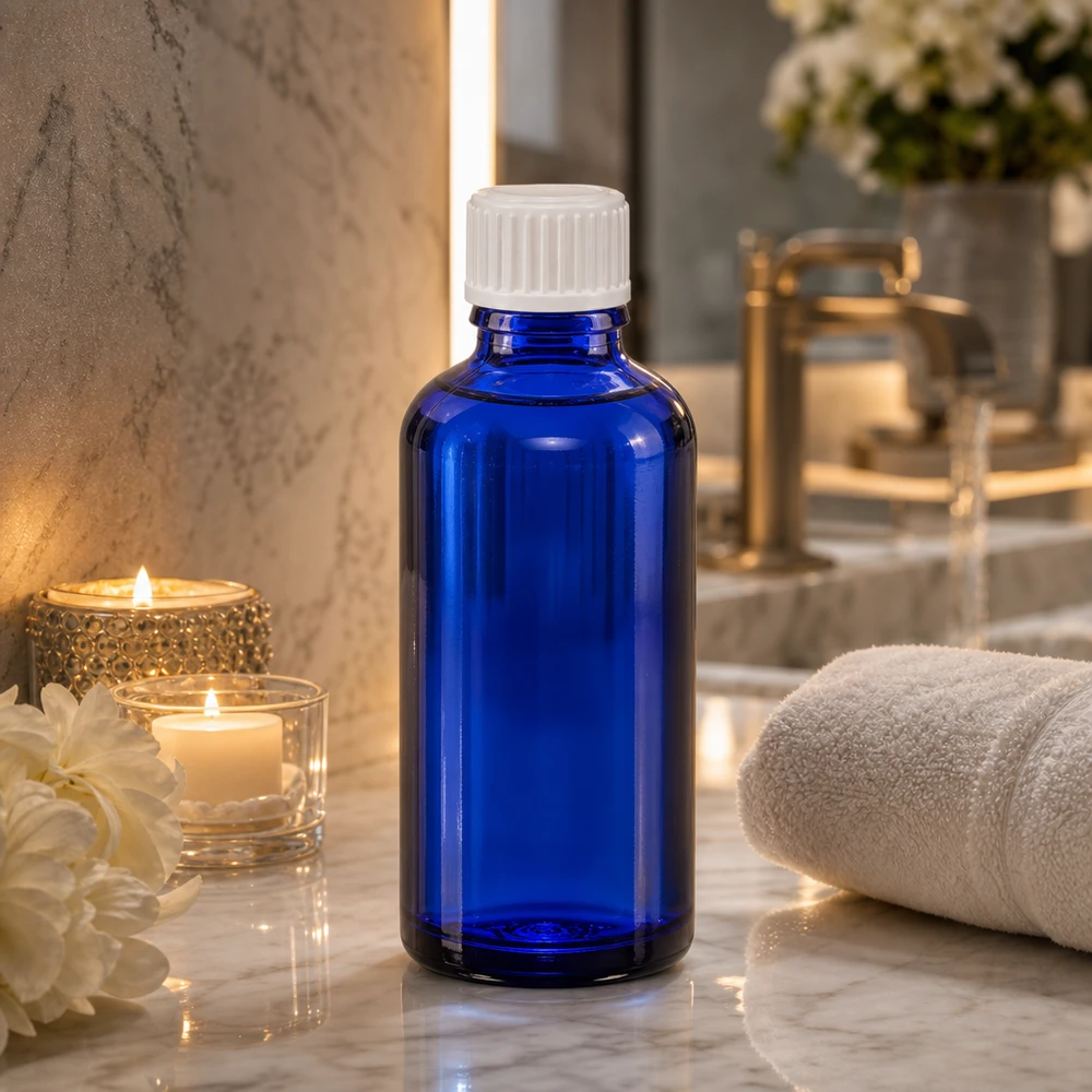 Flacon à pharmacie bleu 50ml bouchon compte-gouttes blanc 0.8mm std Flacon compte-gouttes bleu de 50 ml en verre ApoGlas, muni d'un bouchon STD blanc, posé sur un plan de travail en marbre dans la salle de bains