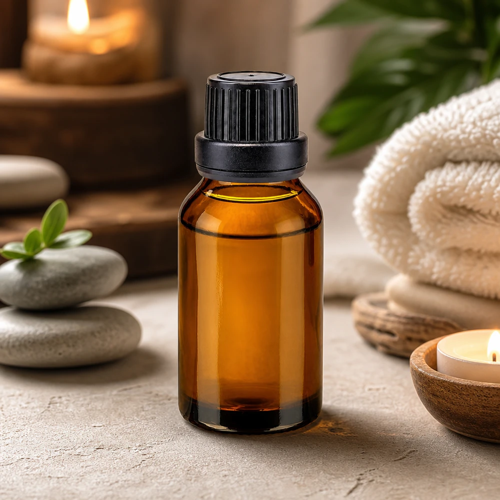 Flacon de pharmacie brun 15ml bouchon vissable noir bouchon inviolabilité Flacon en verre ambré pour aromathérapie de 15 ml avec bouchon à vis noir, entre des pierres de massage et des bougies