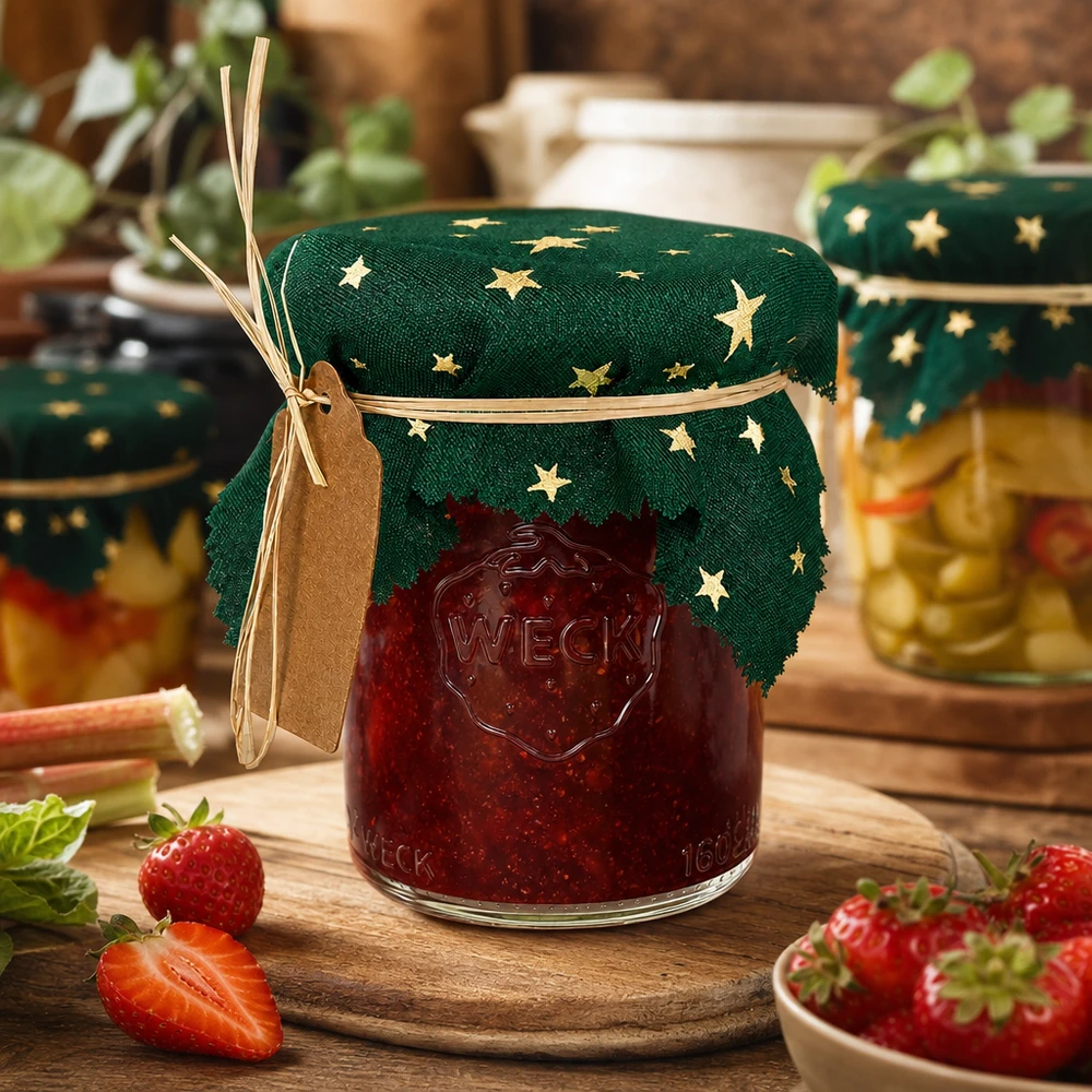 Centrino per gioielli in tessuto verde "stelle" 12cm quadrato Centrino verde a stella 12 cm quadrato su barattolo di marmellata di fragole, scena di cucina rustica con fragole fresche