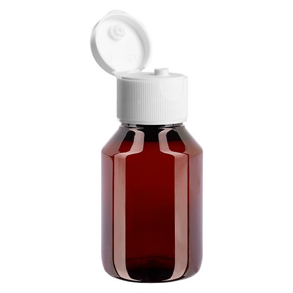 Bottiglia in PET da 50 ml con tappo flip-top bianco. Bottiglia in PET da 50 ml con tappo flip-top bianco.