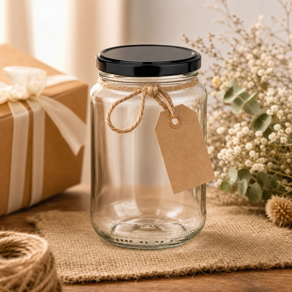 Vaso rotondo da 375 ml decorato con etichetta in carta kraft e cordoncino di iuta come confezione regalo per la conservazione del vaso