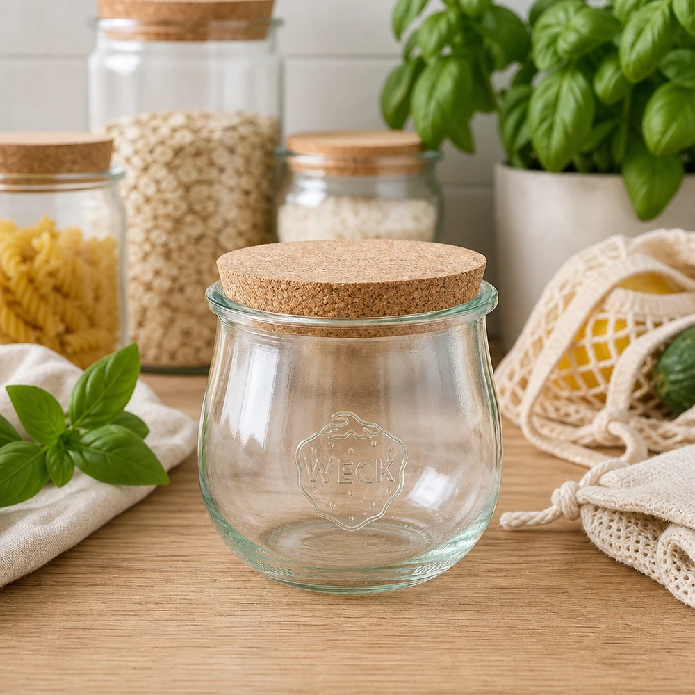 370ml Tulpenglas WECK RR80 mit Korken natur WECK Tulpenglas 370ml RR80 mit Korken in nachhaltiger Zero Waste Küche zwischen Aufbewahrungsgläsern und Basil