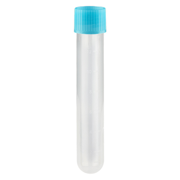 Provette trasparenti 13ml, 16x100mm con tappo blu in PP Provette trasparenti 13ml, 16x100mm con tappo blu in PP