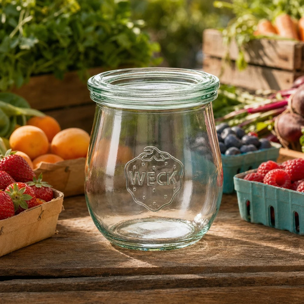 Bocal en forme de tulipe de 220 ml avec couvercle en verre WECK RR60 WECK Tulpenglas 220ml RR60 leer auf Holztisch umgeben von frischem Obst und Gemüse in natürlicher Gartenumgebung