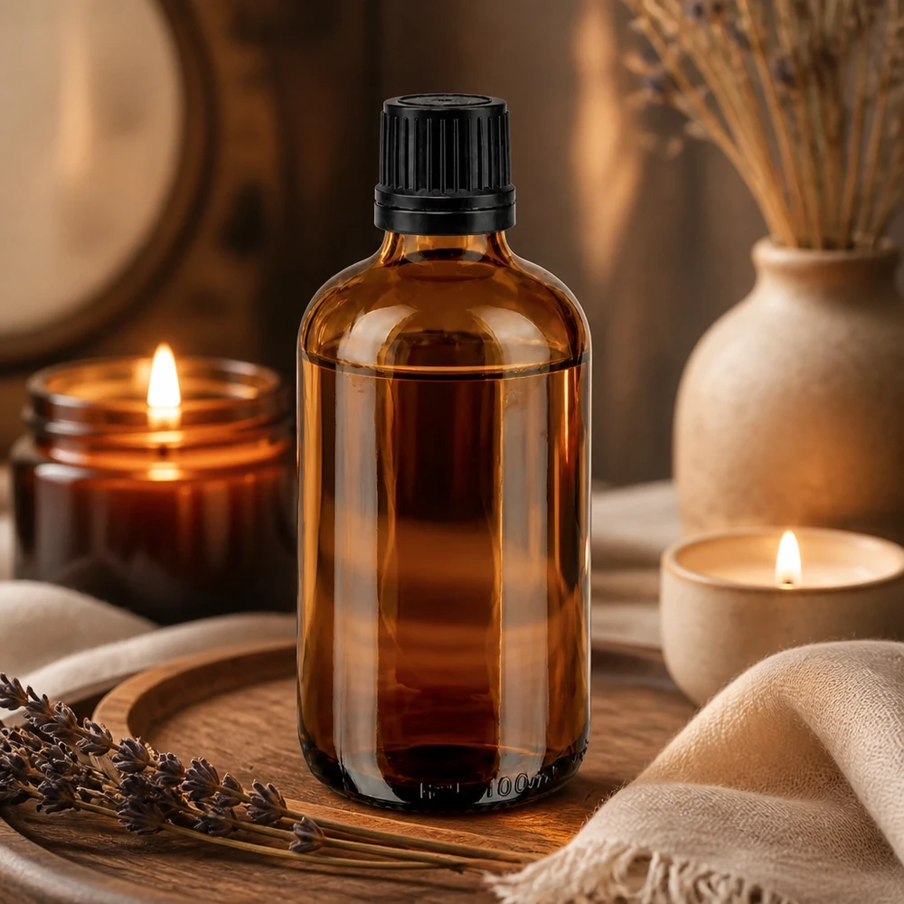 Petit flacon en verre ambré de 100 ml muni d'un bouchon d'origine à sécurité enfant pour huiles essentielles