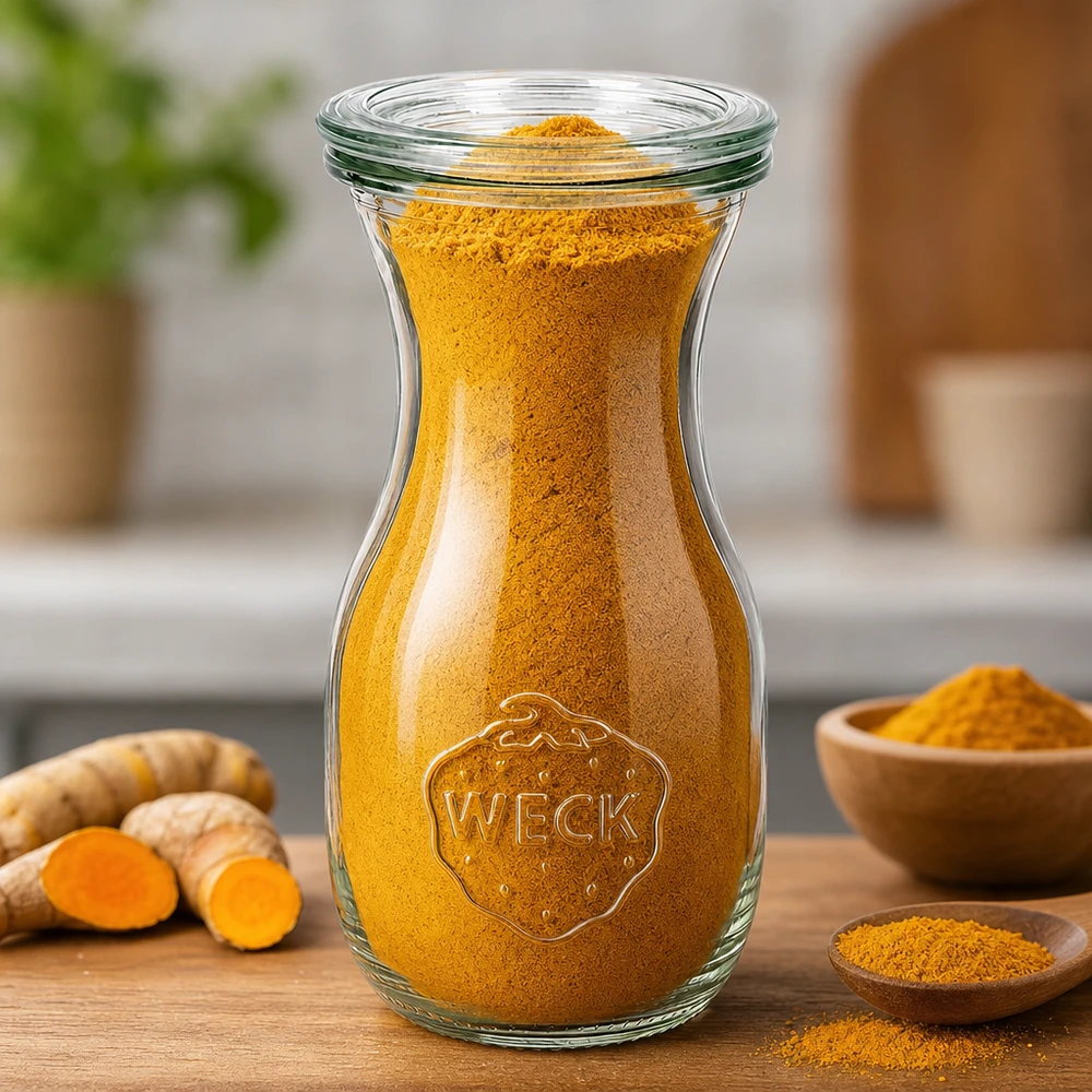 Bouteille à jus de 290 ml avec couvercle en verre WECK RR60 WECK Saftflasche 290ml RR60 mit Kurkuma-Pulver gefüllt neben frischen Kurkuma-Wurzeln und Holzschalen auf Küchentisch