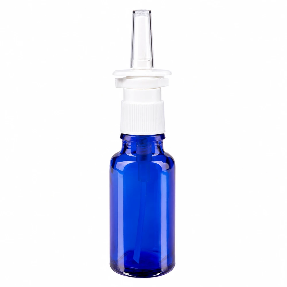 Apothekenflasche blau 20ml Nasenzerstäuber weiß Standard Nasensprayflasche 20ml aus blauem Schutzglas mit ergonomischem weißem Sprühaufsatz